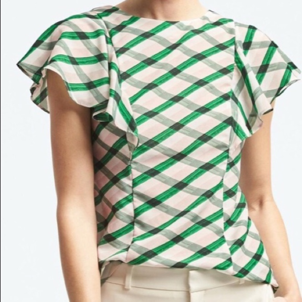 New Banana Republic Flutter Sleeve Plaid Top 0P